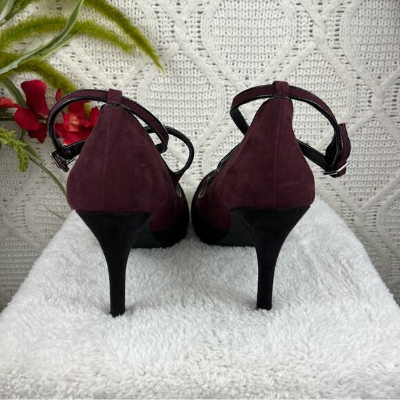 JUSTFAB Plum Black Color Block PHILPA Criss Cross Strap Stiletto Heel Pumps 10M - Picture 7 of 14